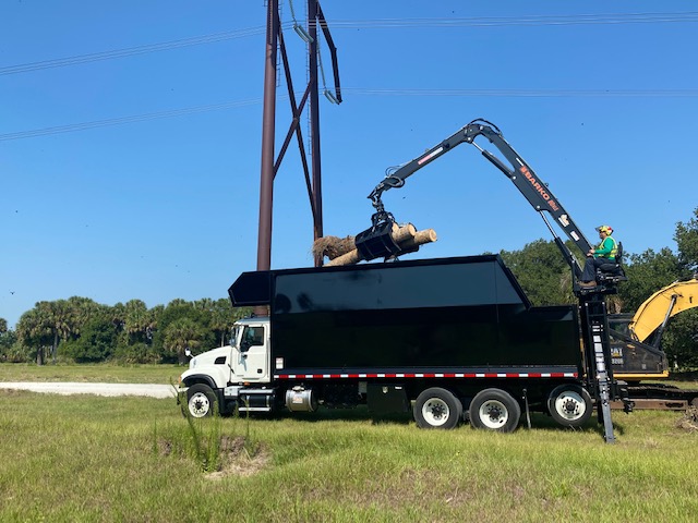Grapple lifts log into debris box under power lines