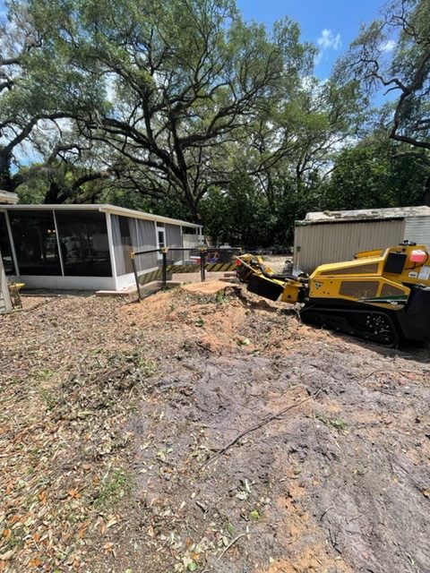 Tracked stump grinder working in backyard