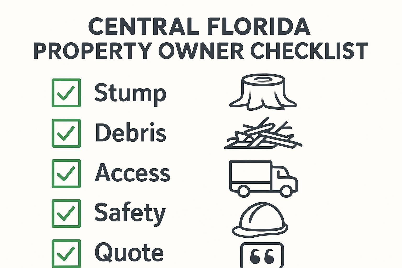 Checklist graphic for deciding when to schedule stump grinding and grapple truck hauling.